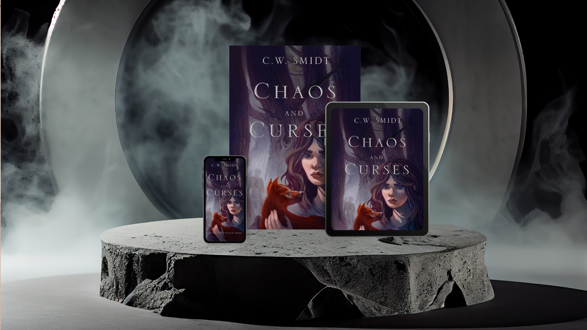 Chaos and curses book display shrouded in mist