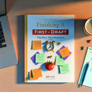 Writer's desk with timer, sticky notes and checked checklist; focused, optimistic cover